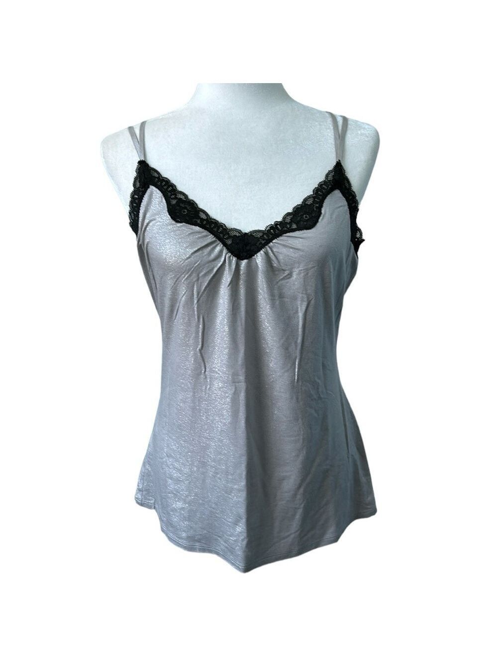 Express Black Lace Trim Shimmer Gray Camisole Chemise Size Large NWT
